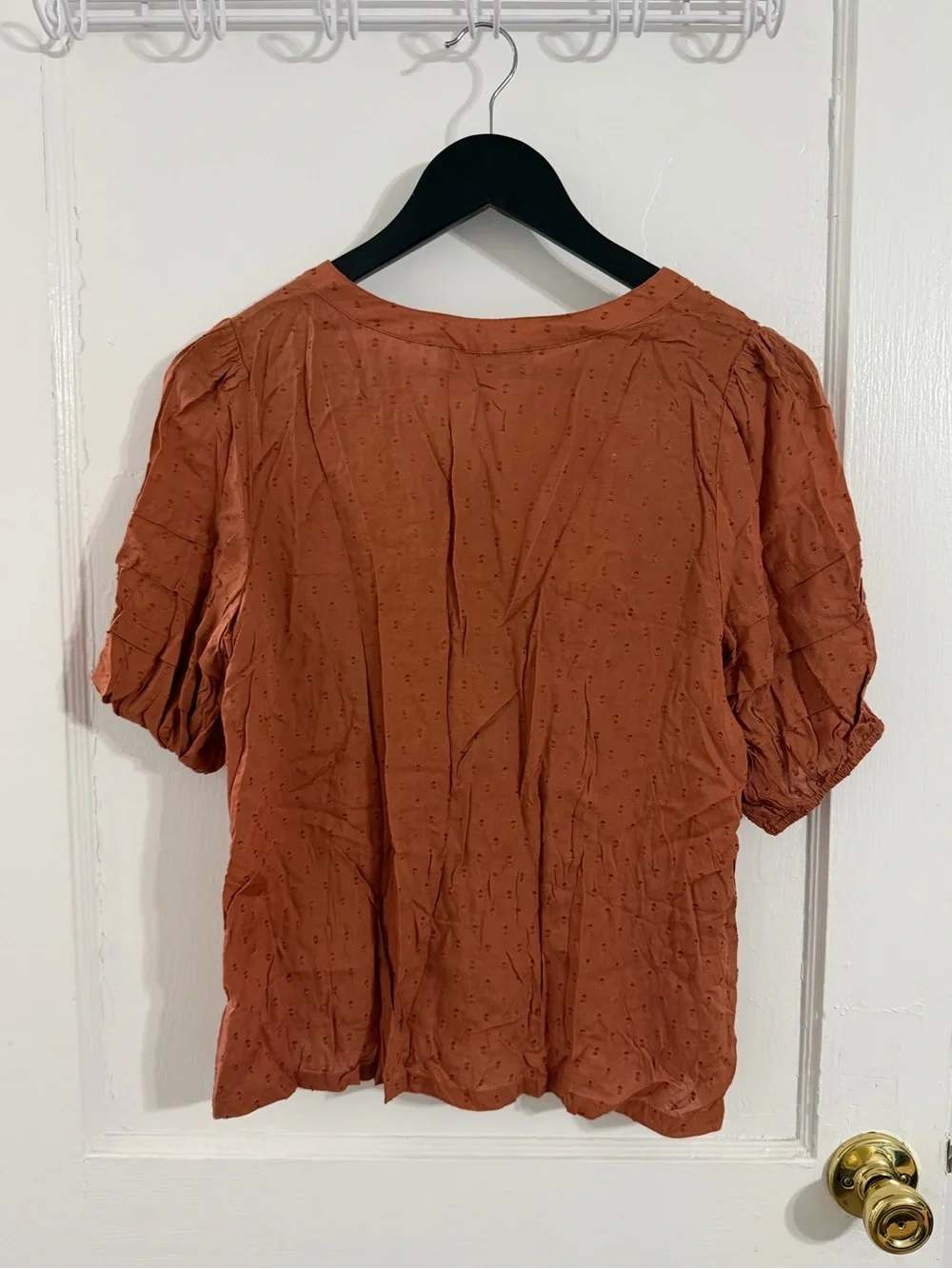 LOFT Rust Embroidered Button-Front Short Sleeve Blouse